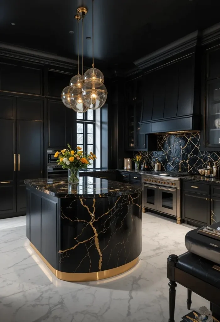 Black and gold L-shaped kitchen with a dramatic statement island.