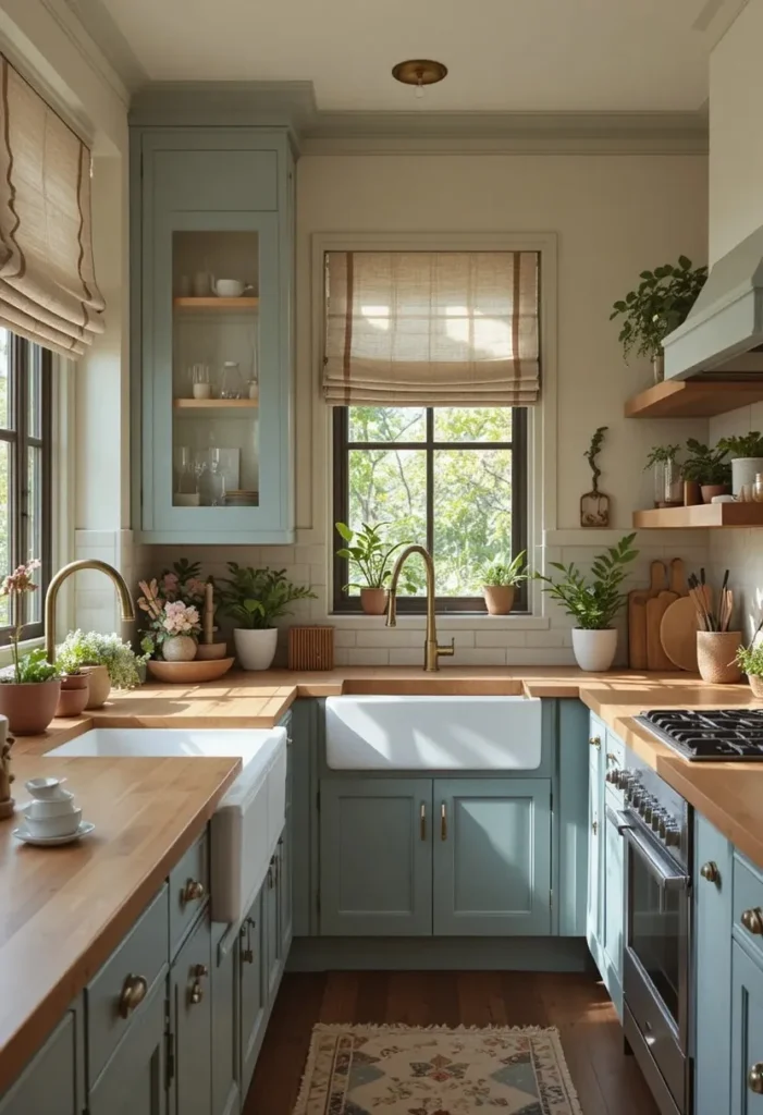 Sage blue kitchen cabinets with wood countertops and natural decor.