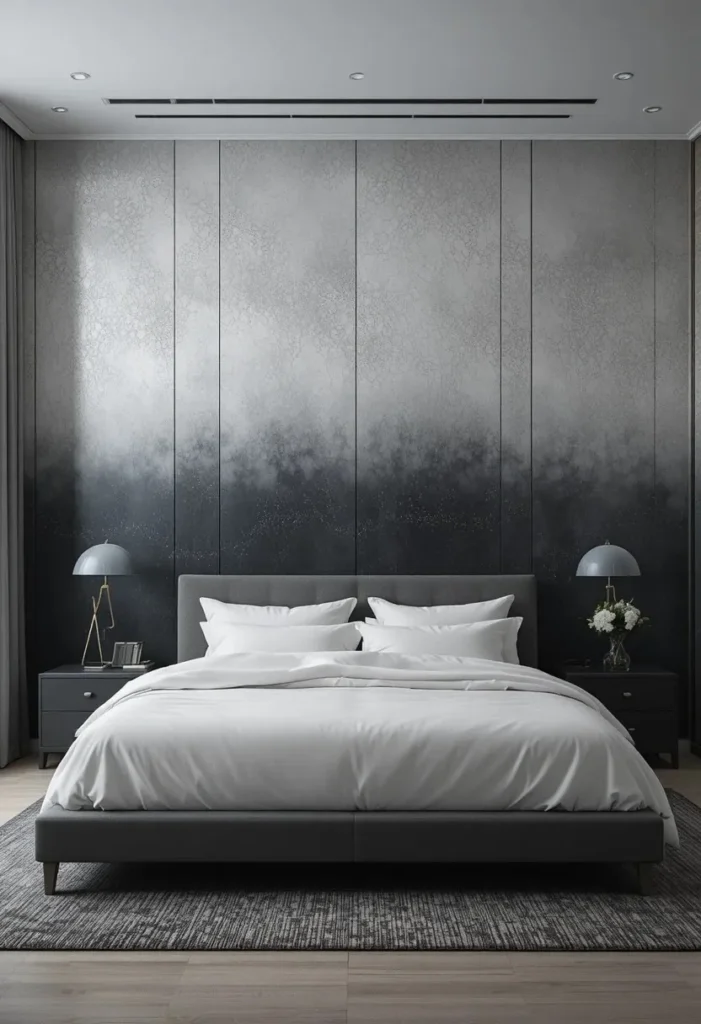 Black-to-silver ombre wall creating artistic drama in a bedroom.