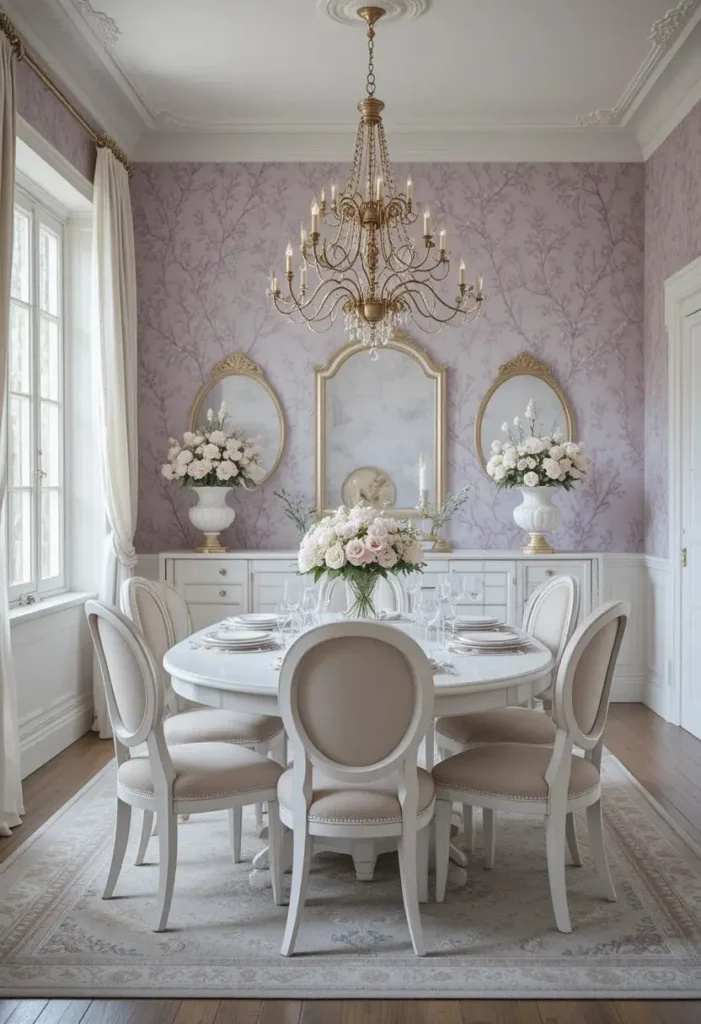 Dining room decorated with soft pastel wallpaper creating a light and inviting atmosphere.