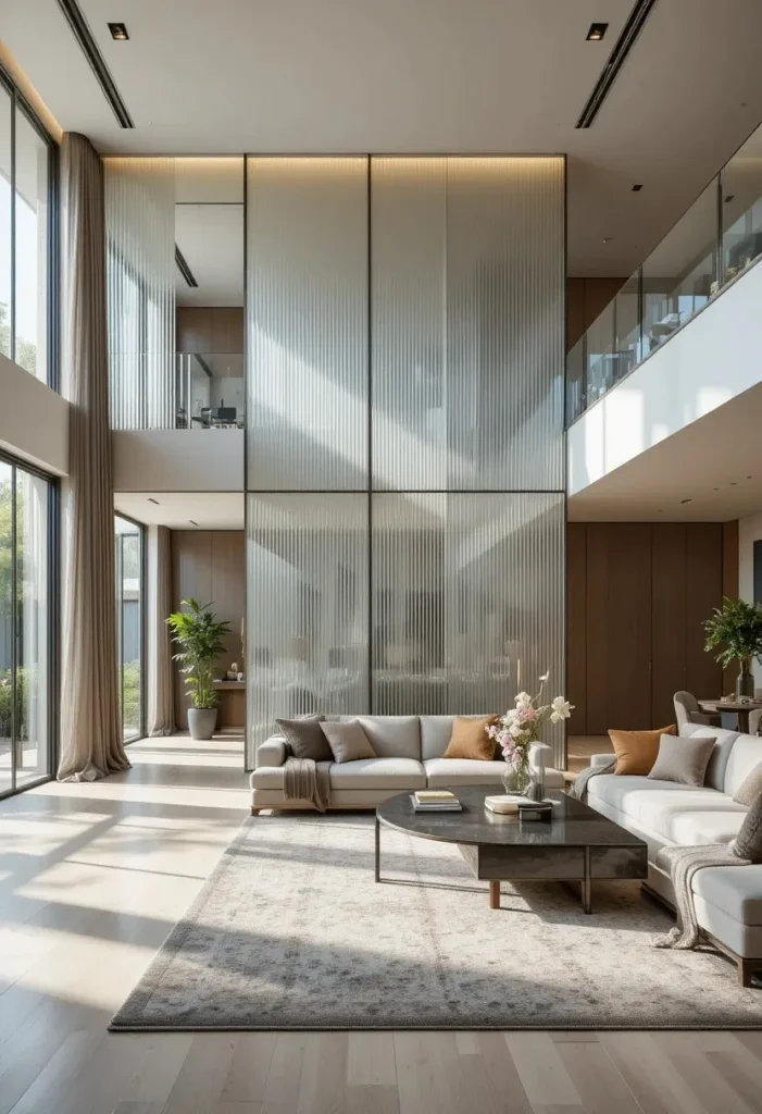 Ribbed glass partition dividing a living room while maintaining openness and light.