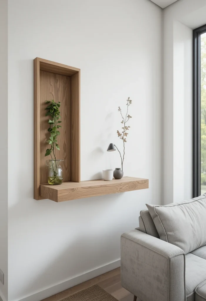 Floating wall-mounted shelf serving as a space-saving side table beside a sofa.