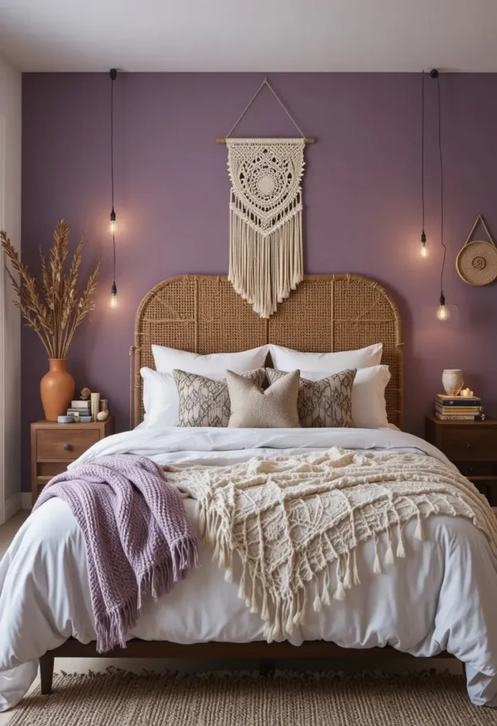 Boho purple bedroom with rattan furniture, macramé decor, and cozy layered textiles.