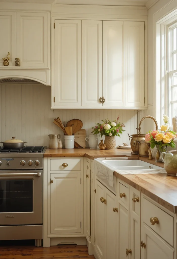 Cream beadboard backsplash paired with vintage brass and ceramic cabinet hardware.