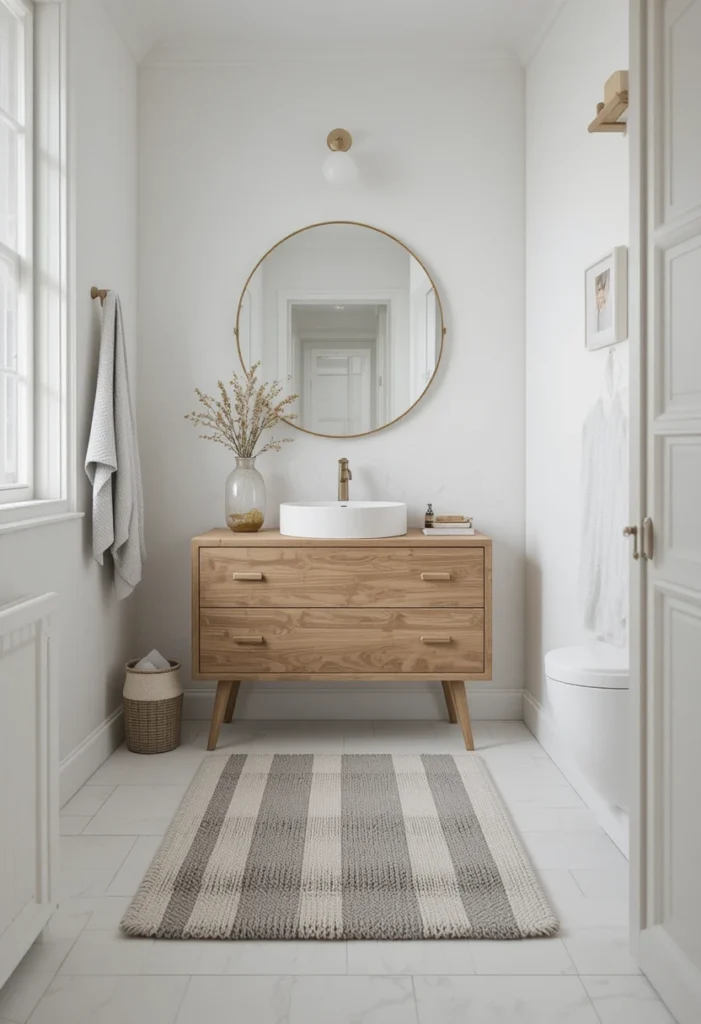 Minimalist striped bathroom rug complementing a Scandinavian-inspired space.