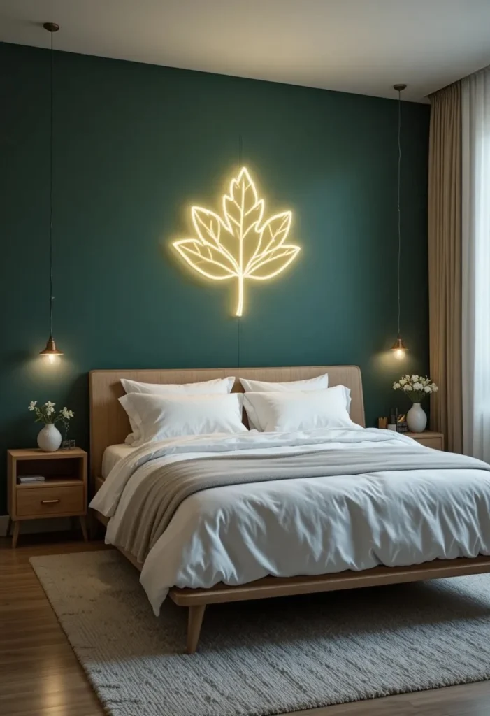 Deep green accent wall featuring a glowing neon botanical wall sign above the bed.