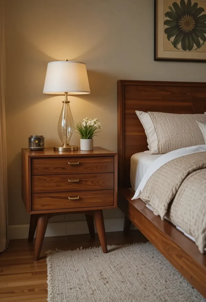 Teak bedside tables with tapered legs beside a mid century modern bed.