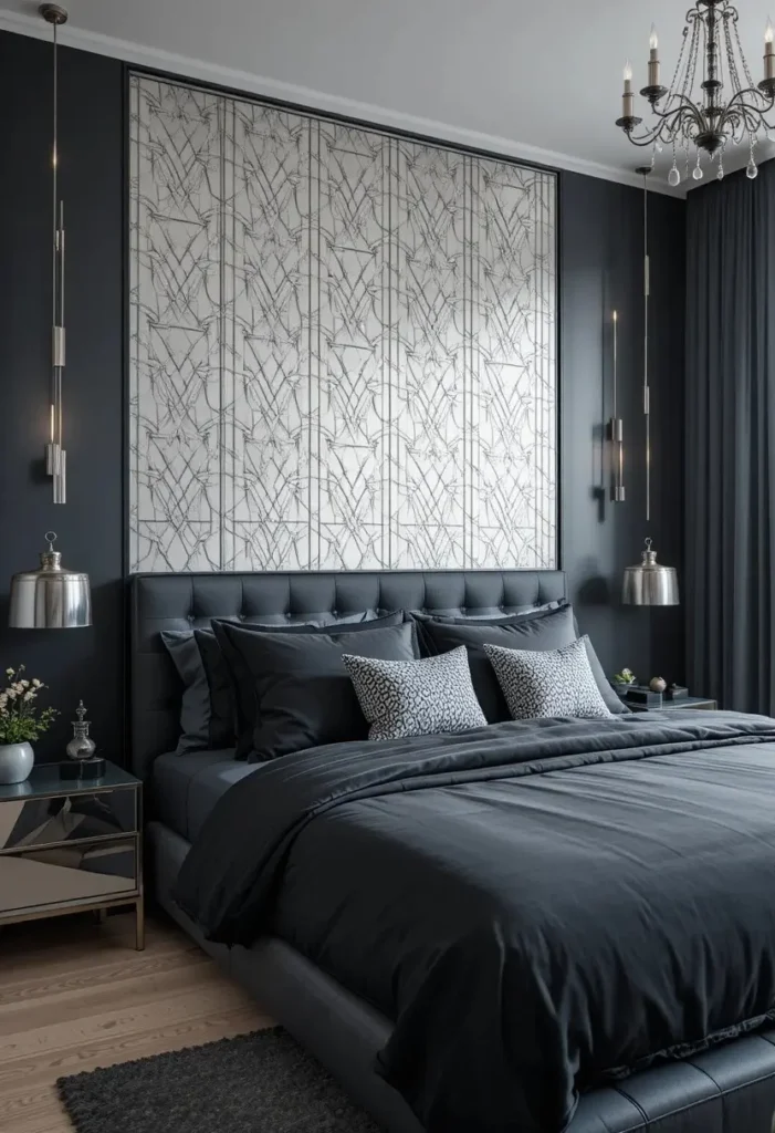 Charcoal grey bedroom featuring a striking silver geometric wallpaper wall.