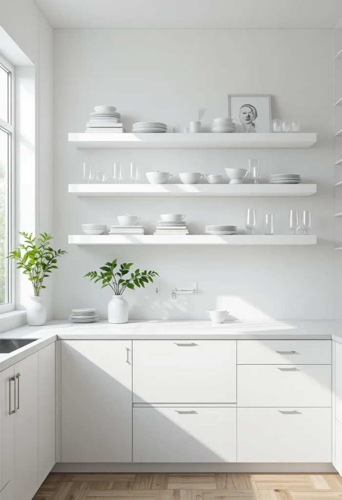 White floating shelves creating a clean minimalist kitchen design.