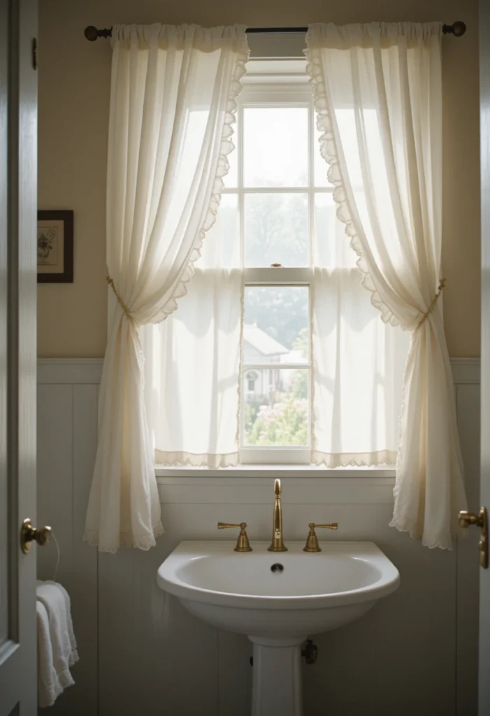 White café curtains providing privacy while letting light into a vintage bathroom.