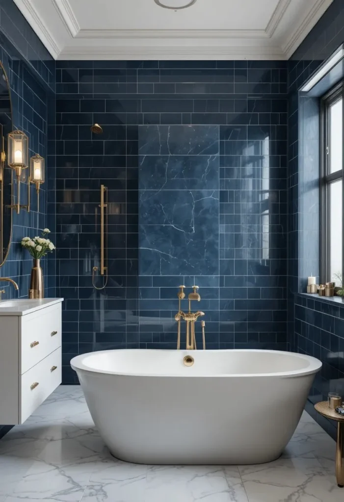 Navy blue bathroom with brushed brass fixtures and white finishes for glamorous luxury.