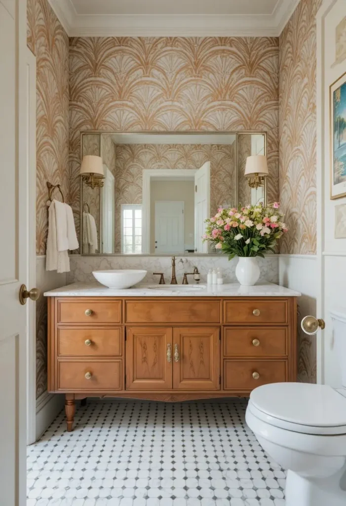 Retro patterned wallpaper bringing personality and character to a bathroom.