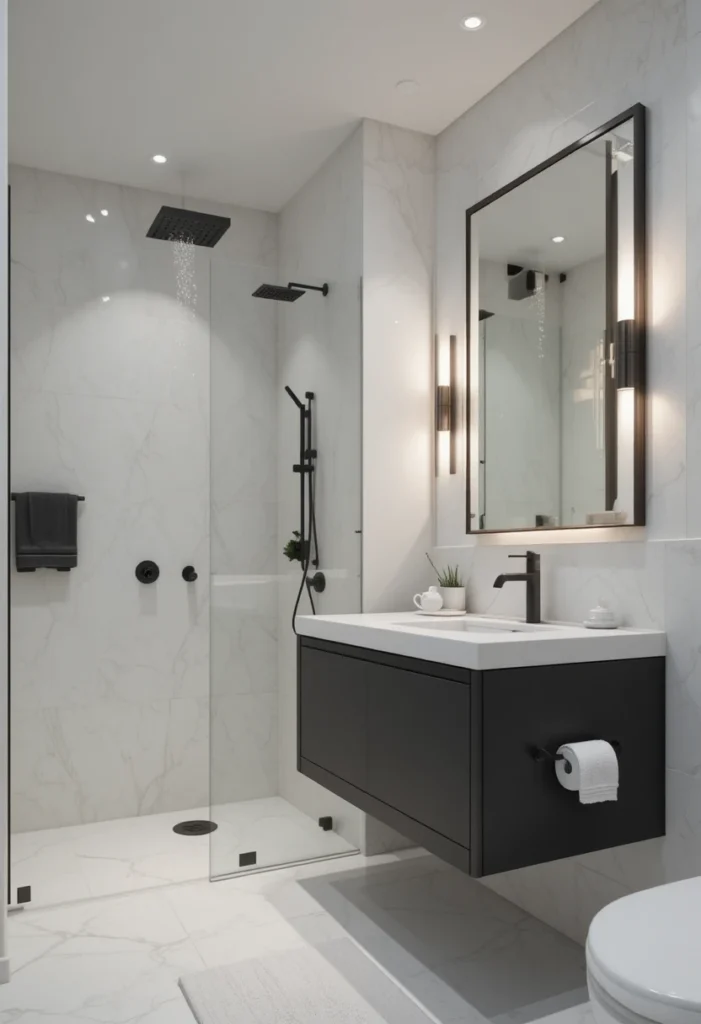 Contemporary bathroom featuring coordinated matte black fixtures throughout.
