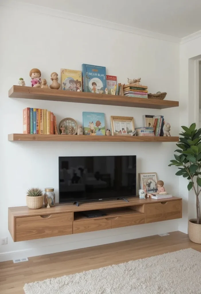 Floating shelves with raised edges displaying toys and books in an organized way.