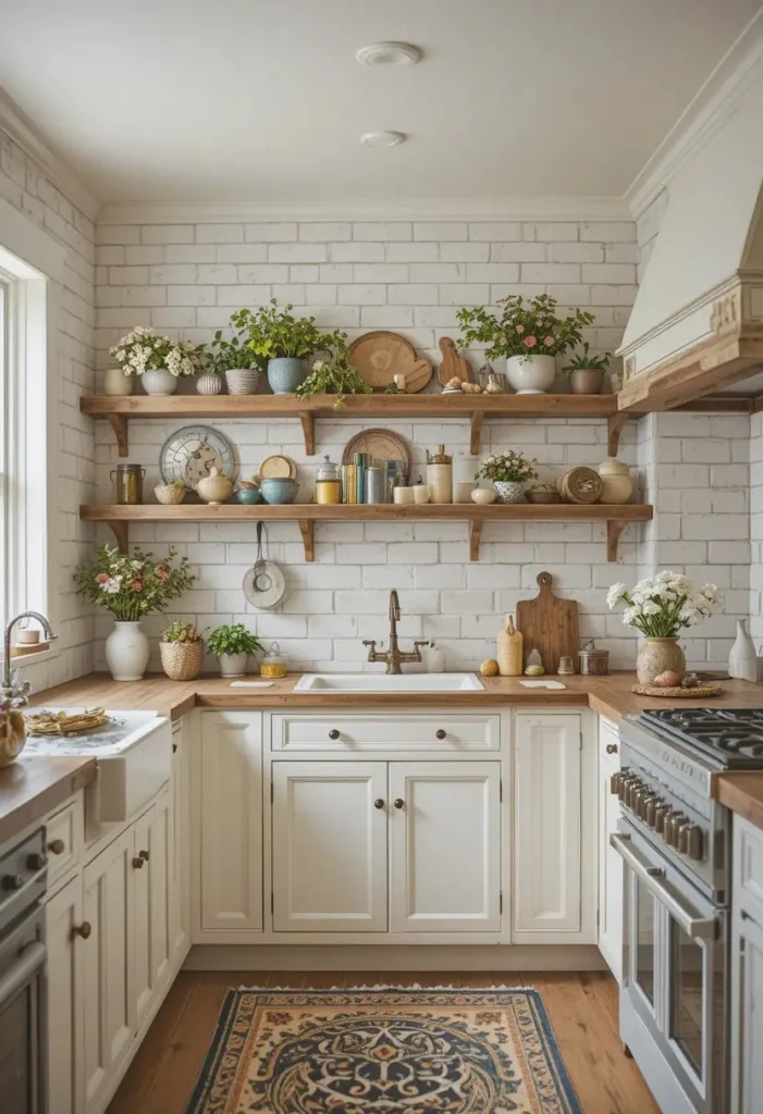 Whitewashed brick backsplash adding farmhouse charm and texture.