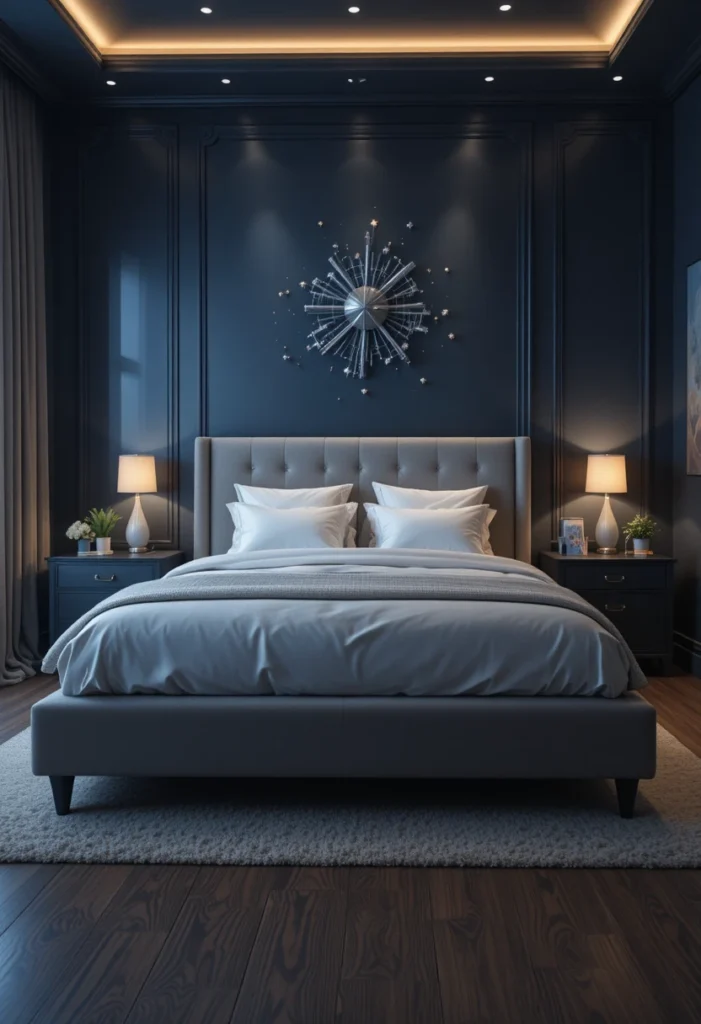 Space themed bedroom with midnight blue walls, white bedding, and silver star decor creating a cozy galaxy atmosphere.