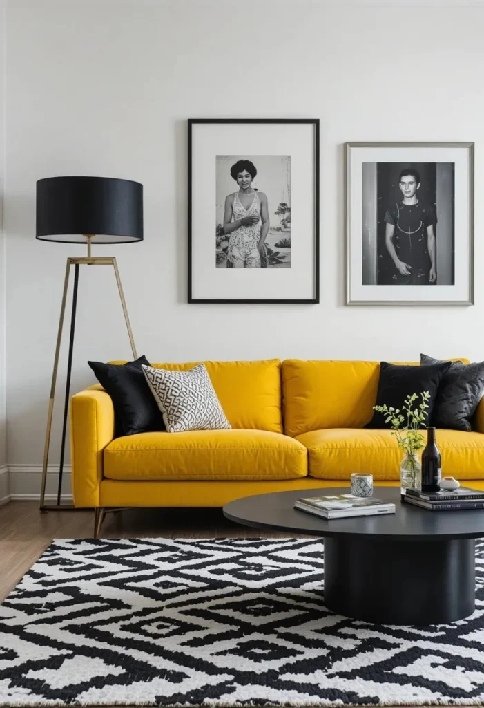 Yellow couch paired with bold black accents and a geometric rug.