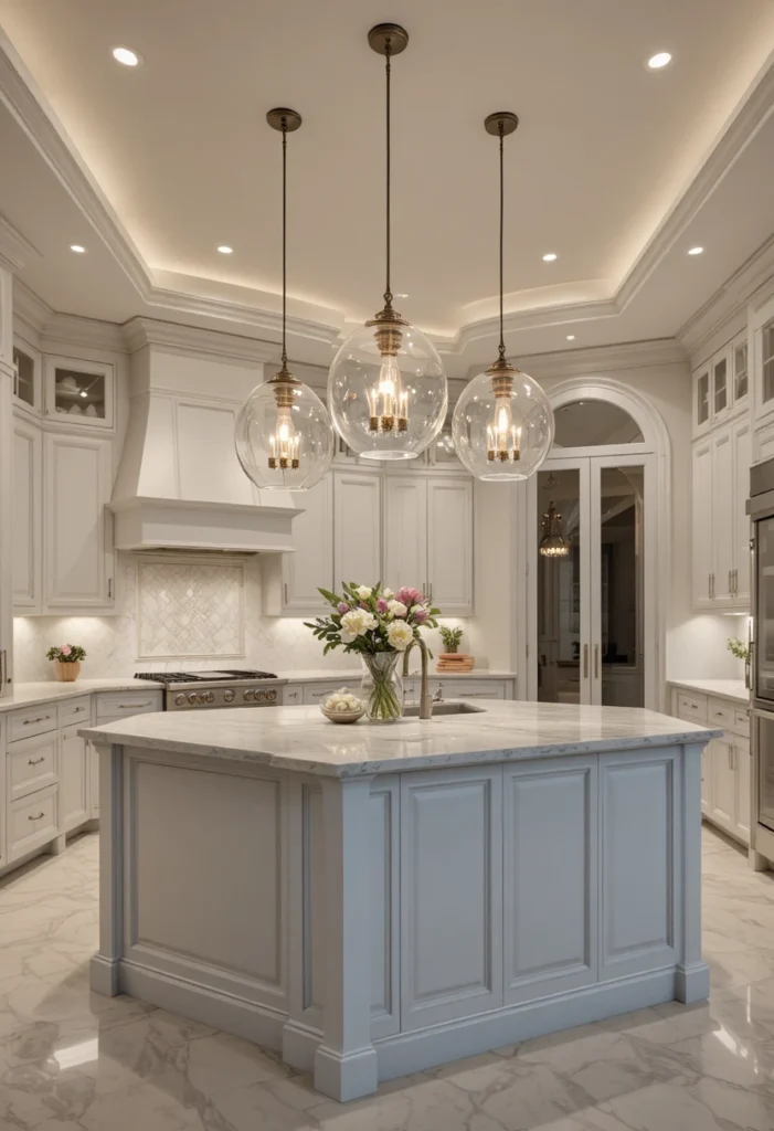 Modern U shaped kitchen showcasing pendant lights above a spacious center island.