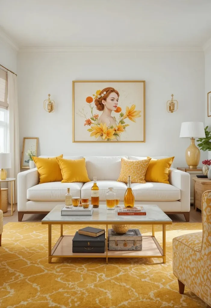 White couch styled with mustard yellow accents for a bright and joyful living room.