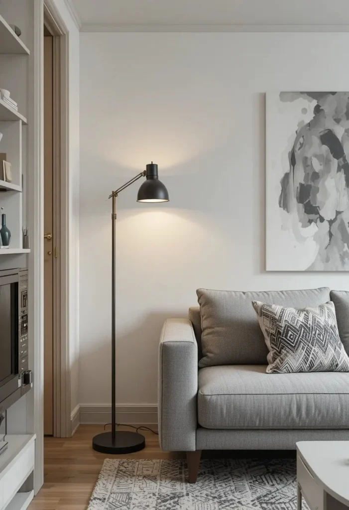 Slim minimalist floor lamp perfect for a small living room layout.