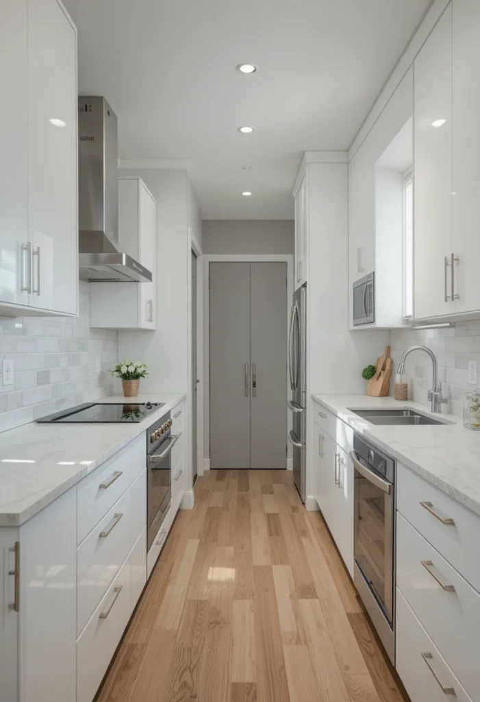 Galley kitchen with a glossy white subway tile backsplash that reflects light and brightens the space.