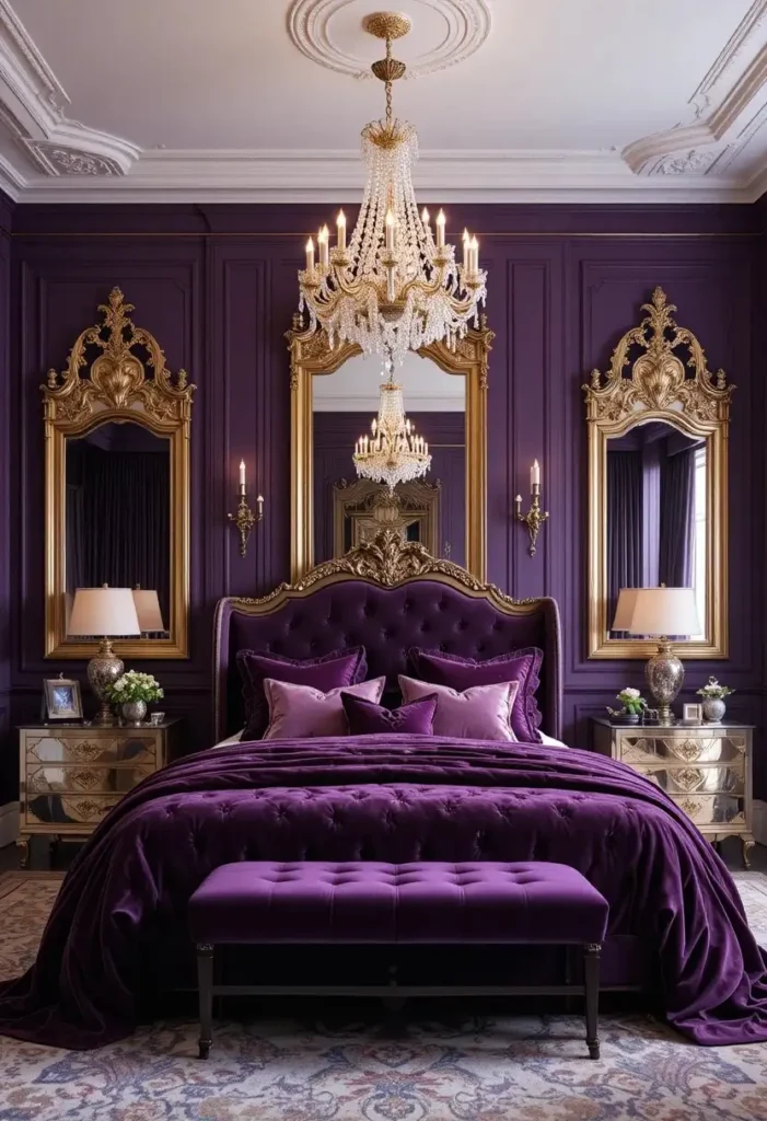 Purple and gold bedroom featuring glamorous decor and rich jewel-toned elegance.