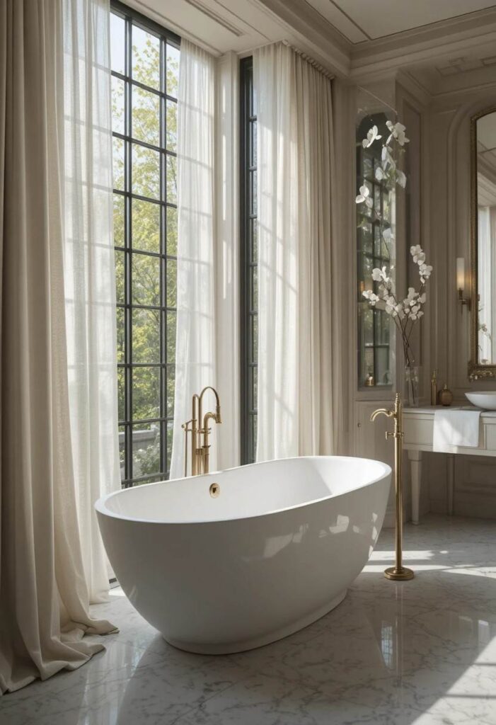 Floor-length white linen curtains adding elegance to a bright luxury bathroom.