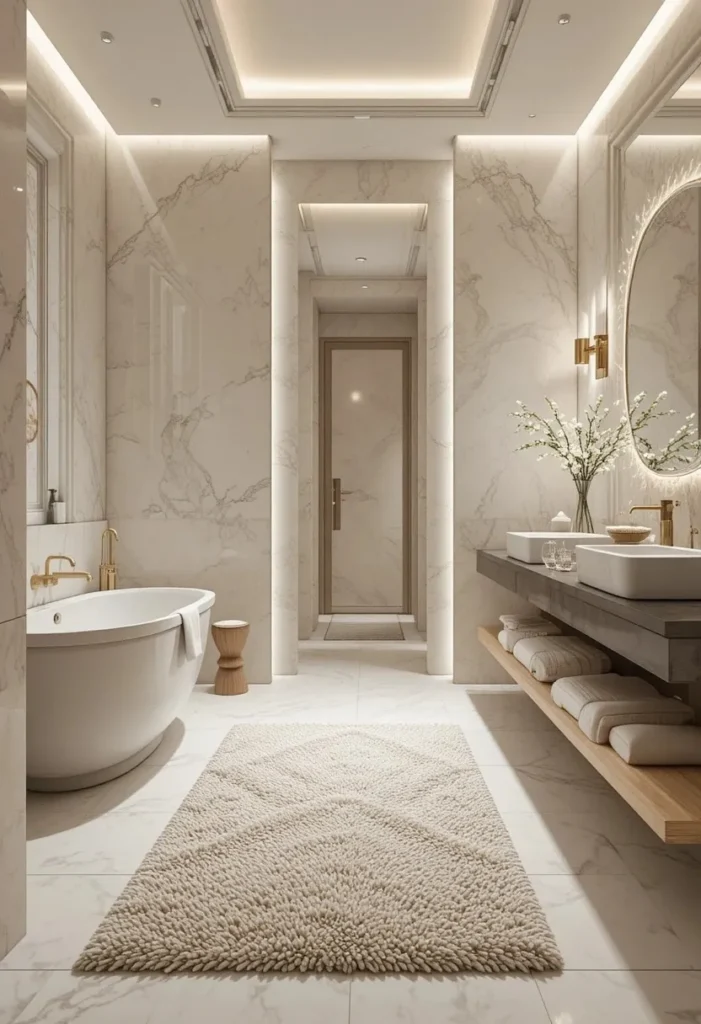 Cream textured rug blending seamlessly into a monochromatic bathroom design.