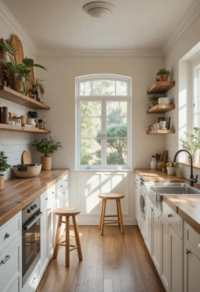 Galley kitchen with warm natural wood shelves and butcher block countertops creating an inviting atmosphere.