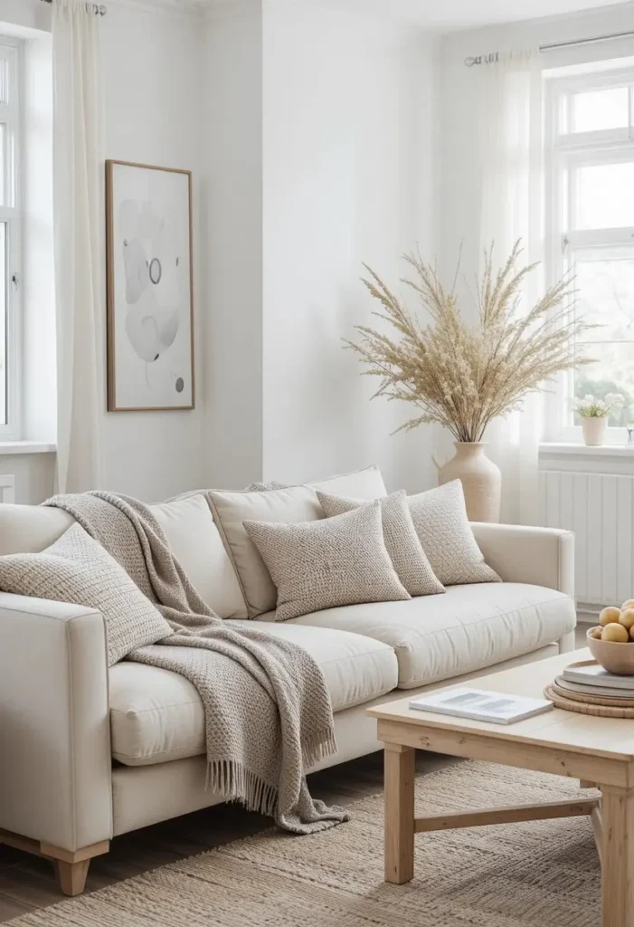 Scandinavian living room featuring a natural linen sofa and cozy layered textiles.