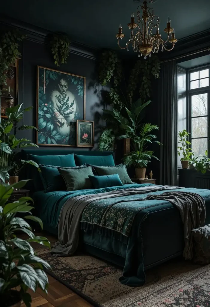 Black accent wall paired with green plants and botanical decor.