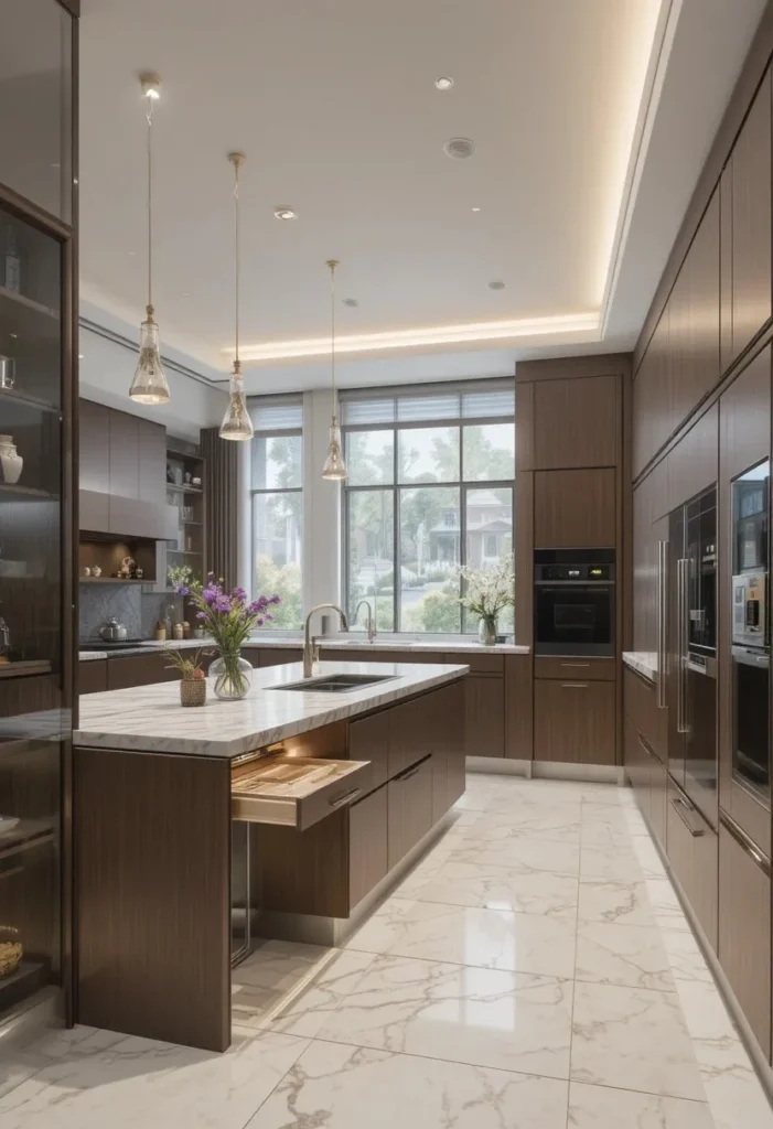 Kitchen island with integrated warming drawer in a modern one wall layout.