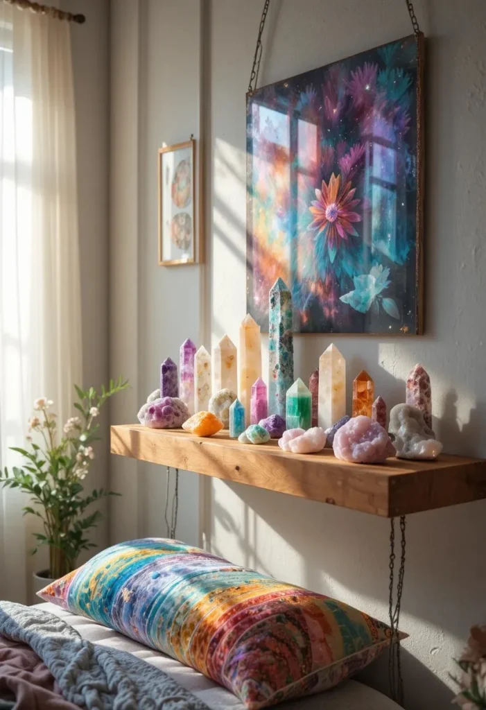 Rainbow crystal collection displayed on a floating shelf in a bohemian bedroom.