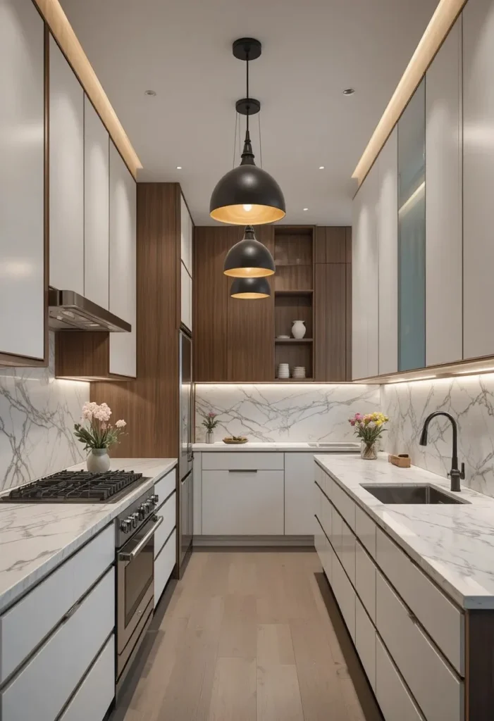 Modern galley kitchen illuminated by a row of matte black pendant lights.