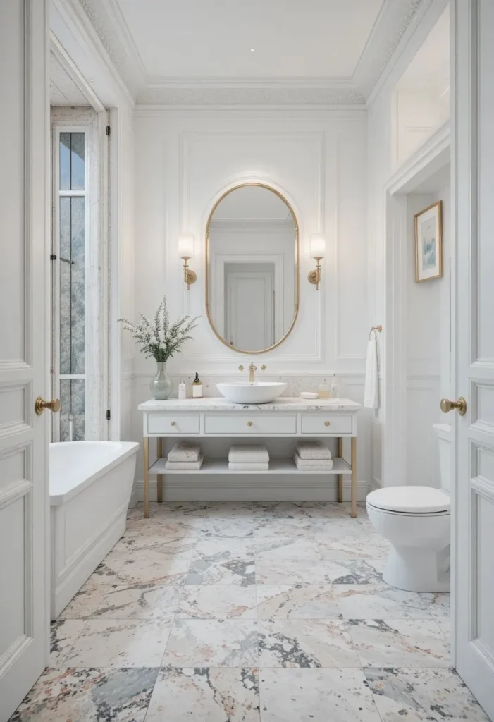 White bathroom with terrazzo floor and brass hardware