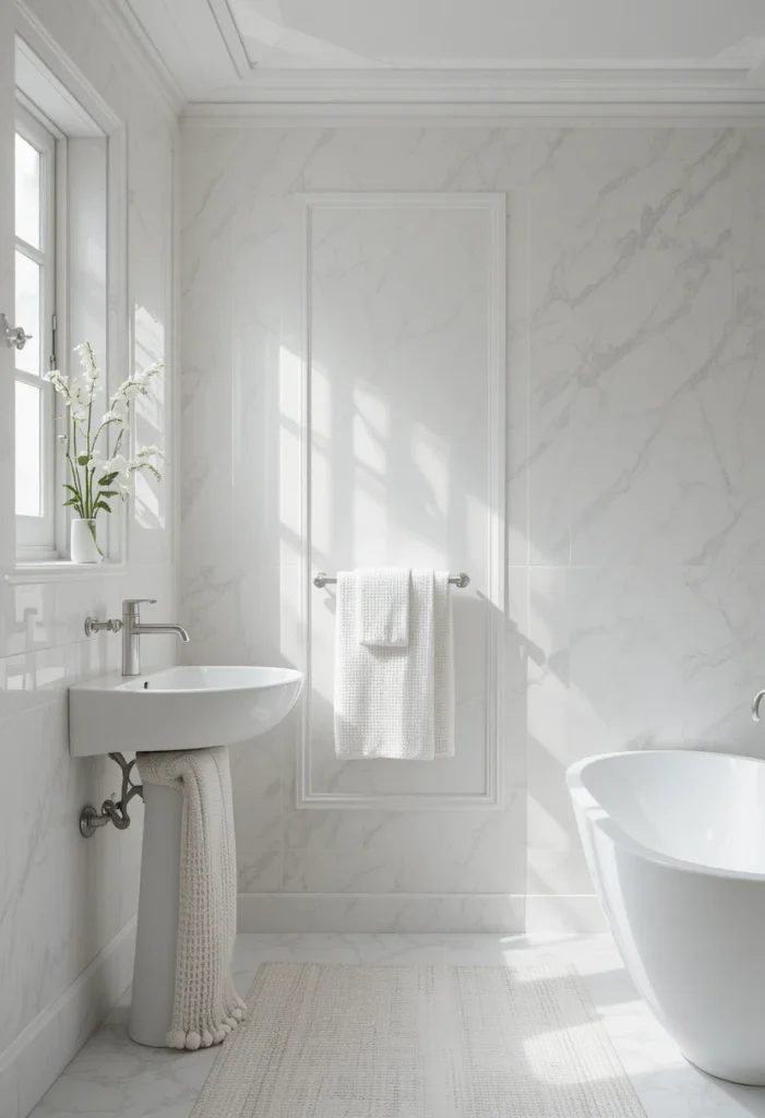 White bathroom featuring layered textures and tonal decor