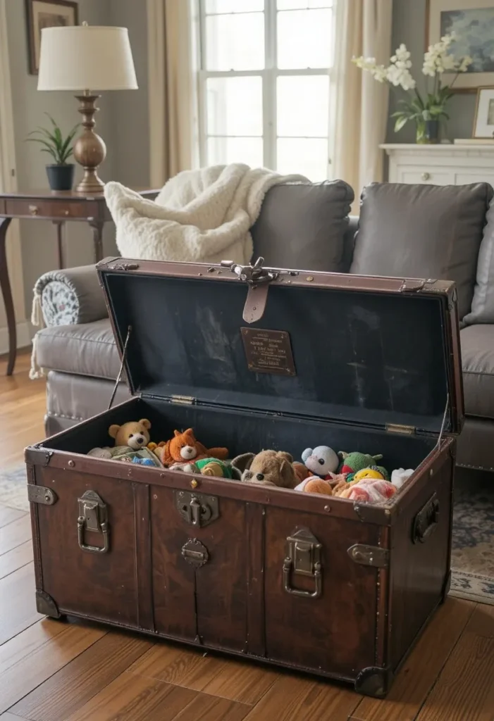 Vintage trunk serving as a stylish toy chest in a cozy living room.