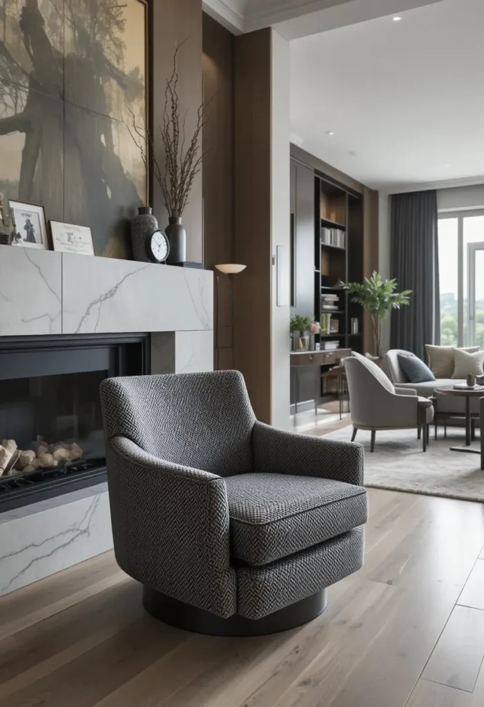 Modern swivel accent chair providing flexible seating in a living room.