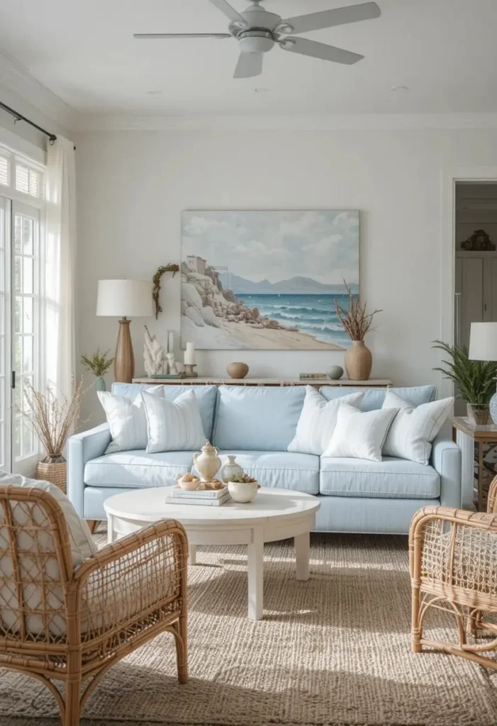 Pale blue couch in a coastal living room with rattan furniture and airy decor.