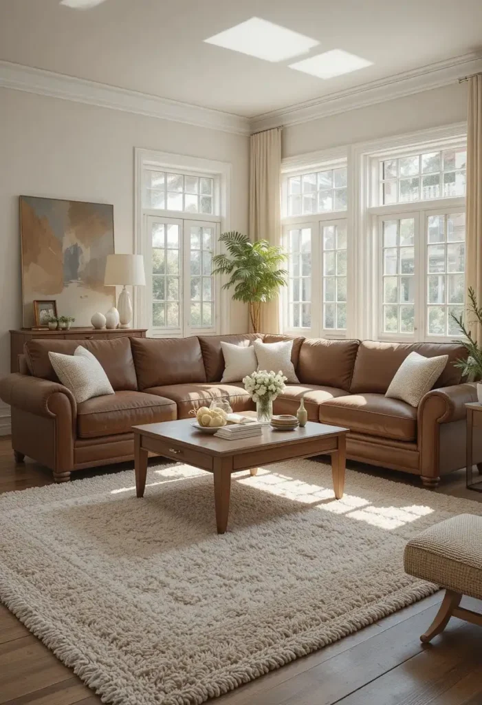 Large cream rug brightening a living room with a brown couch.