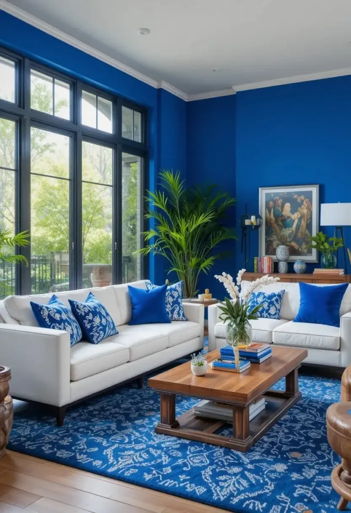 White couch highlighted by bold cobalt blue decor and accents.