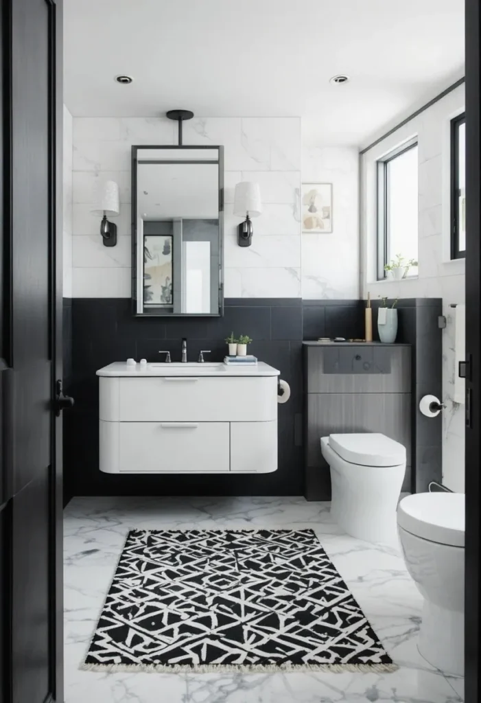 Black and white geometric bathroom rug creating a bold focal point.