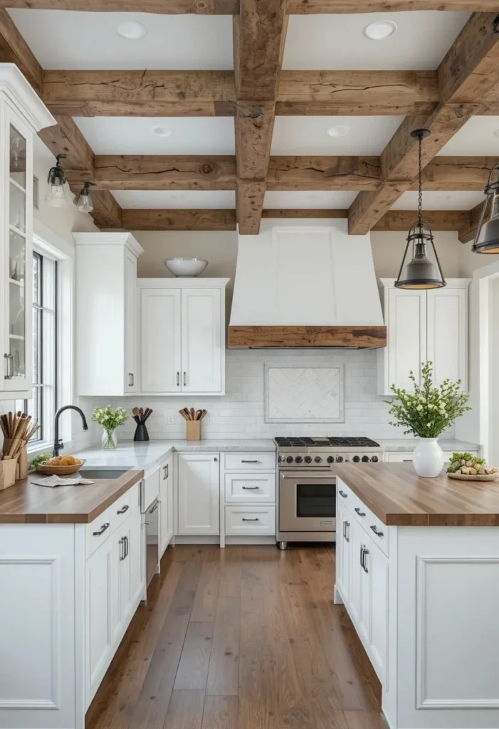 Rustic white kitchen accented with reclaimed wood ceiling beams.