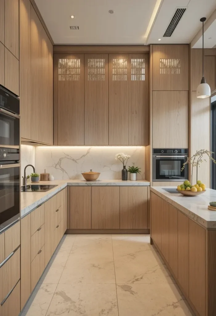 Japandi kitchen with cabinet doors inspired by traditional Japanese shoji screens.