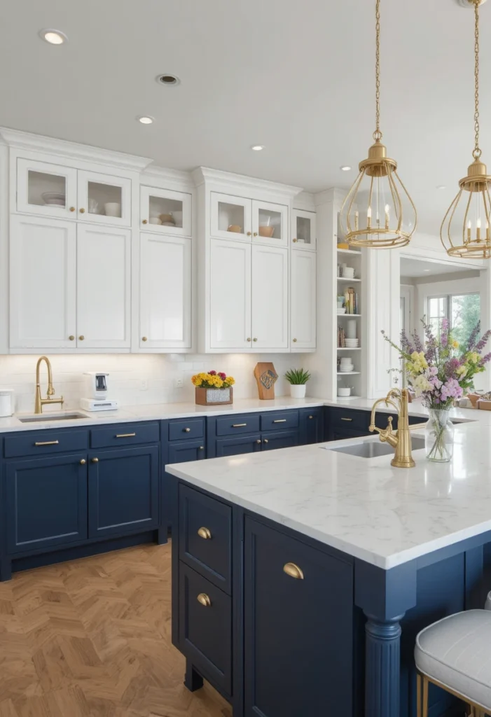 U shaped kitchen with navy island contrasting against white cabinetry.