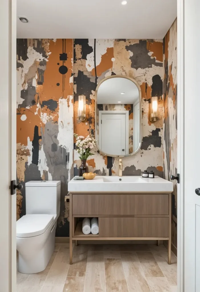 Abstract wallpaper turning a bathroom wall into a work of art.