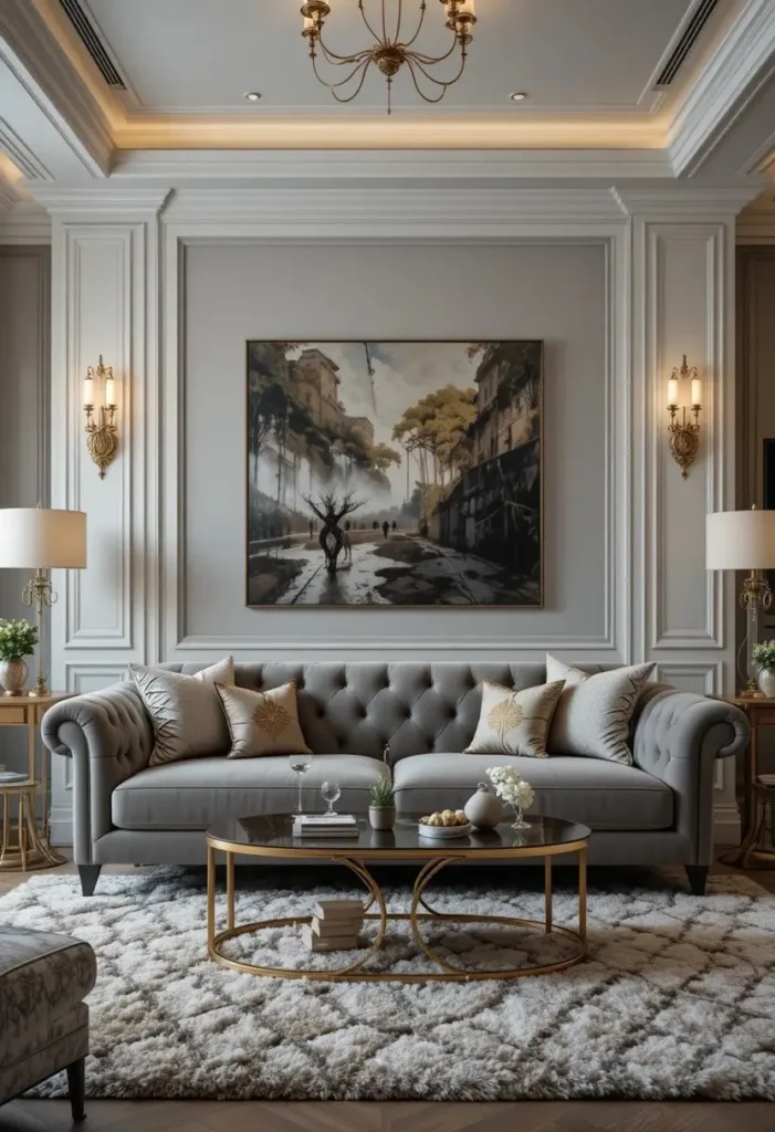 Grey velvet couch adding texture and luxury to a stylish living room.