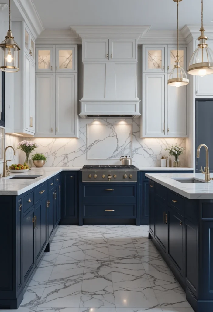 Midnight blue kitchen cabinets paired with white upper cabinets and gold accents.