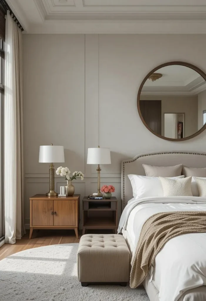 Large round mirror hanging above a bed in a modern bedroom.