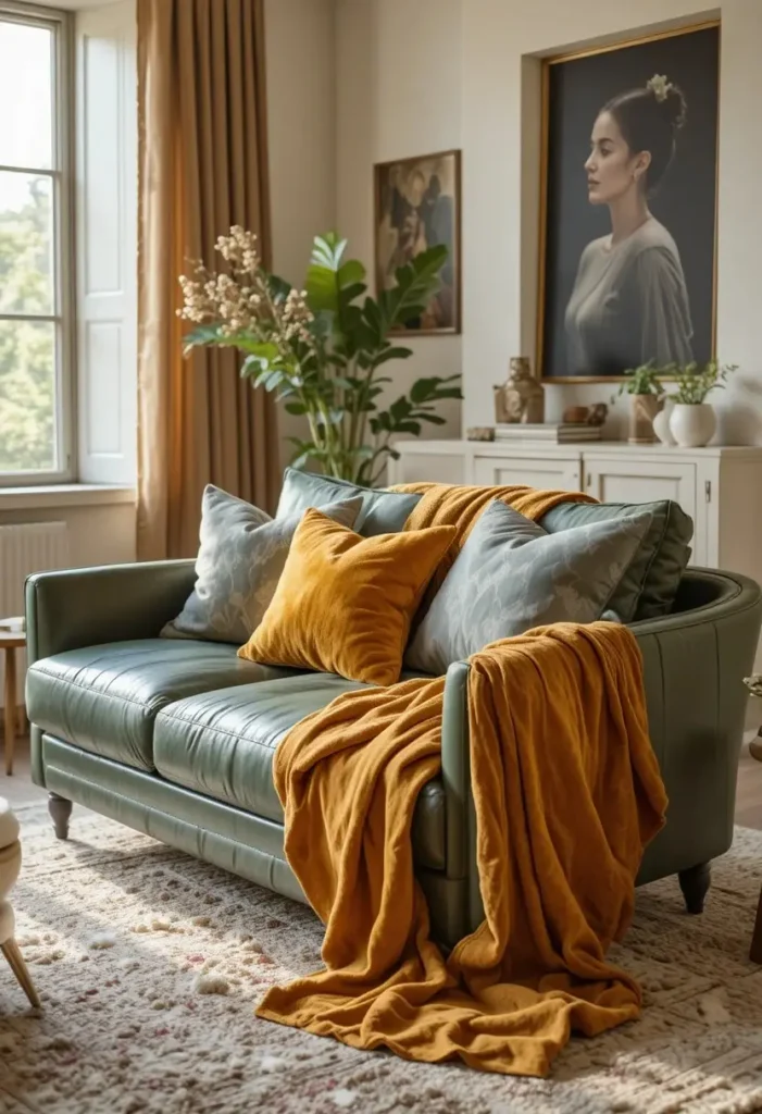 Green leather couch styled with a textured throw blanket for warmth and comfort.